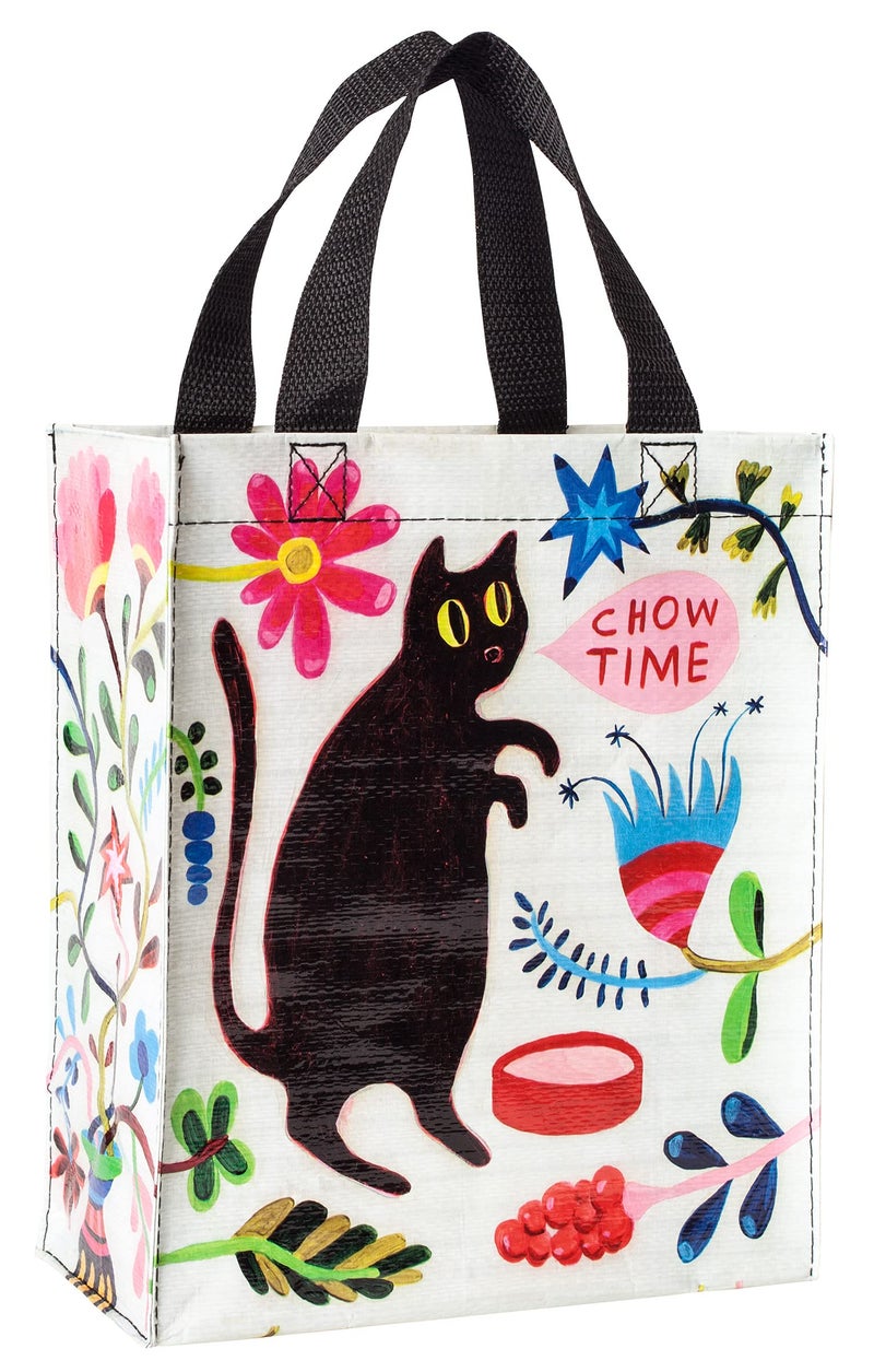 Blue Q Handy Tote Bag - Kitty Says It's Chow Time - Recycled & Reusable Sturdy Canvas Shopping Bag with Quirky Art and Handles, 95% Recycled Material, Ideal Gift and Lunch bag 10" h x 8.5" w x 4.5" d - Image 1